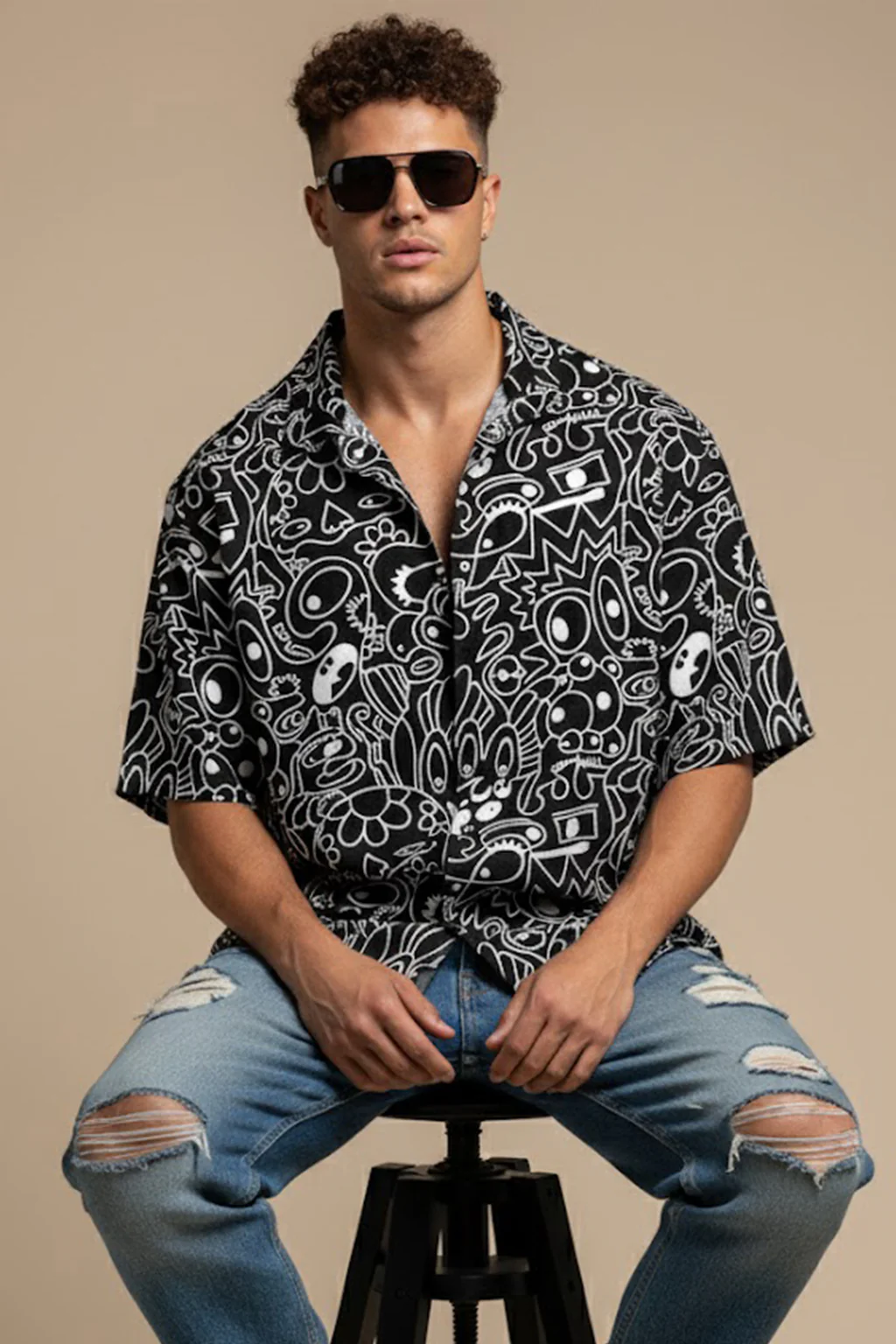 Abstract Maze Black All Over Print Oversized Exclusive Shirt - Image 4
