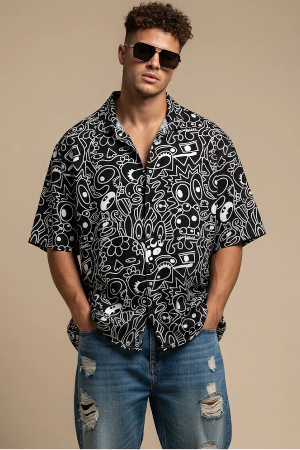 Abstract Maze Black All Over Print Oversized Exclusive Shirt - Image 5