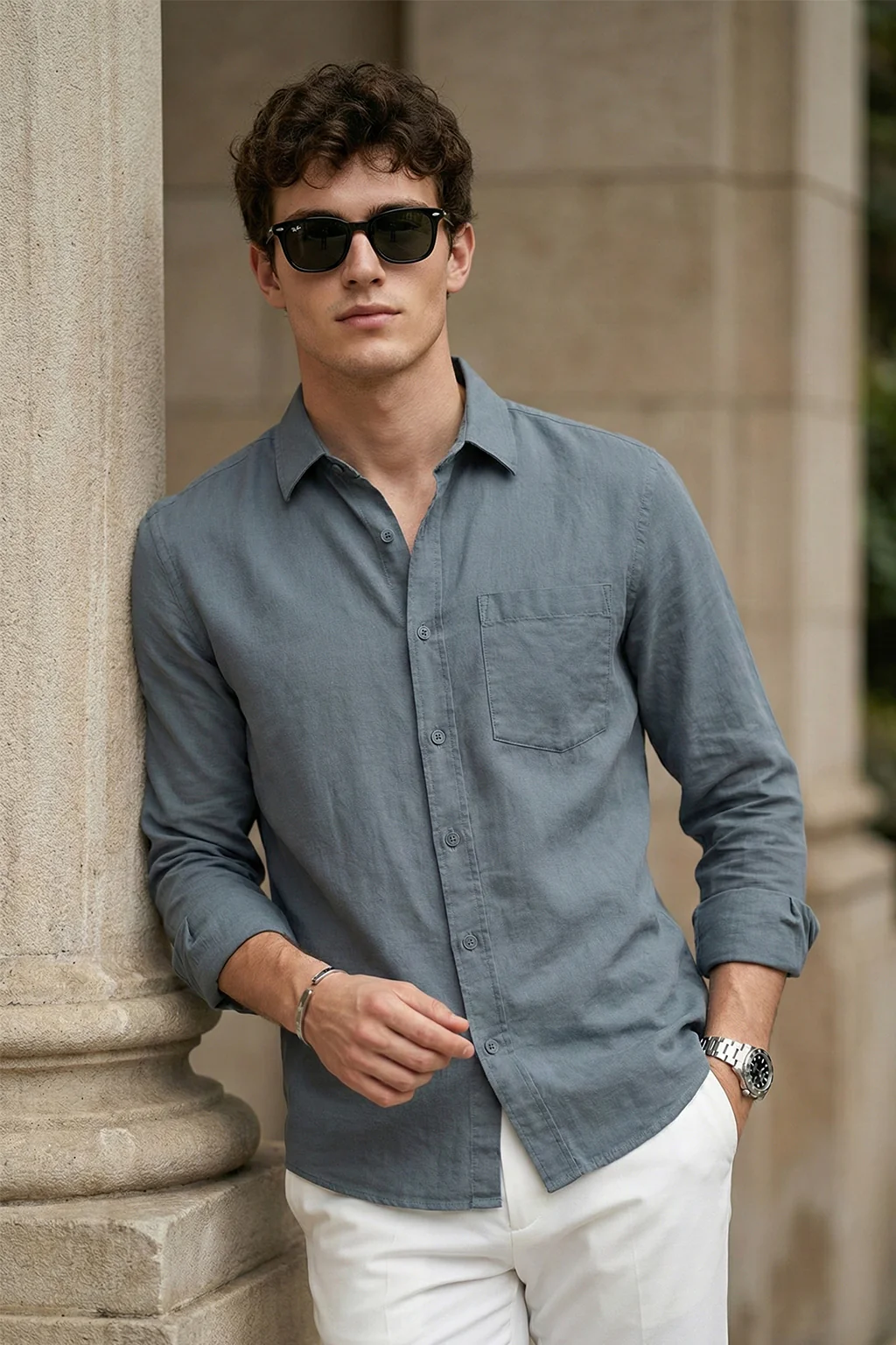 Airforce Blue Plain Regular Fit Single Pocket Full Sleeve Exclusive Shirt