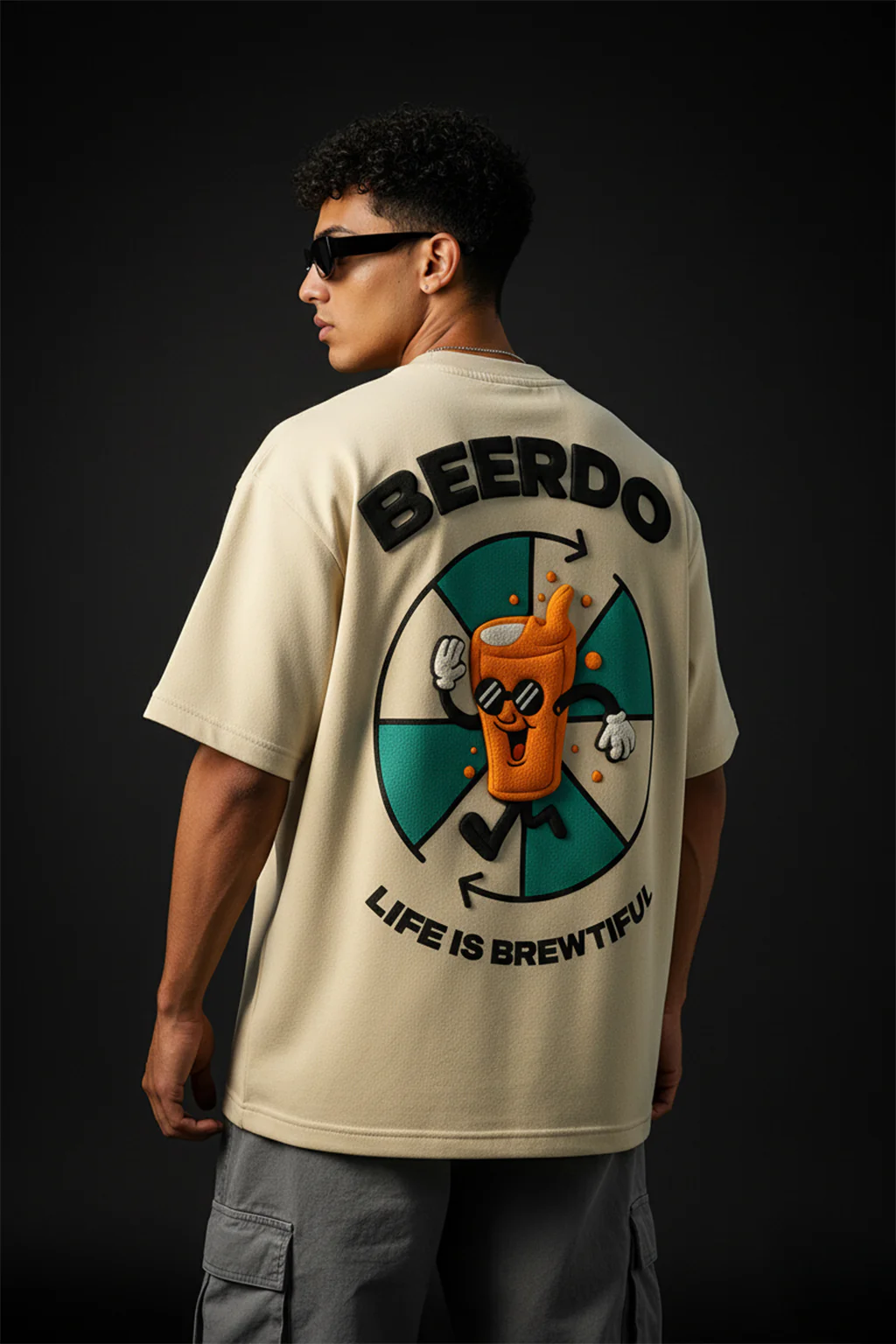 BEERDO Beige Oversized Puff Printed Exclusive T-shirt - Image 3