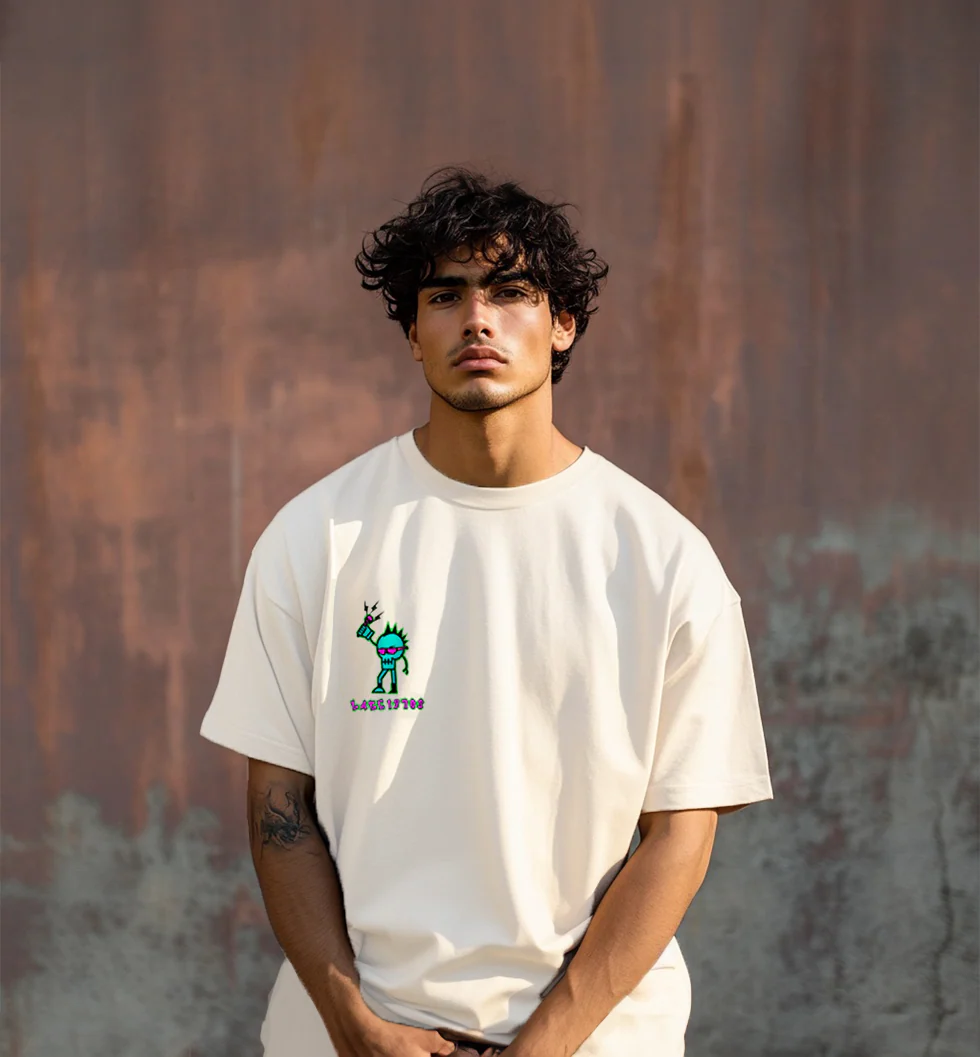 Punk Beige Oversized Placement Graphic Printed T-shirt - Image 4