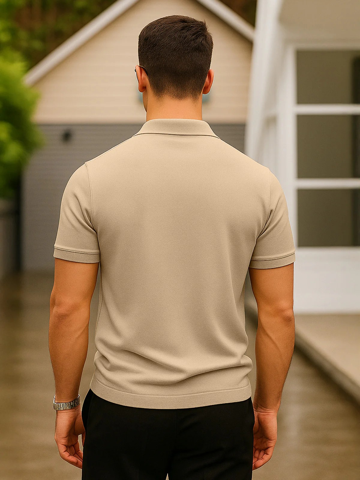 Beige Pique Plain Regular Fit Zipper Polo T-shirt - Image 3