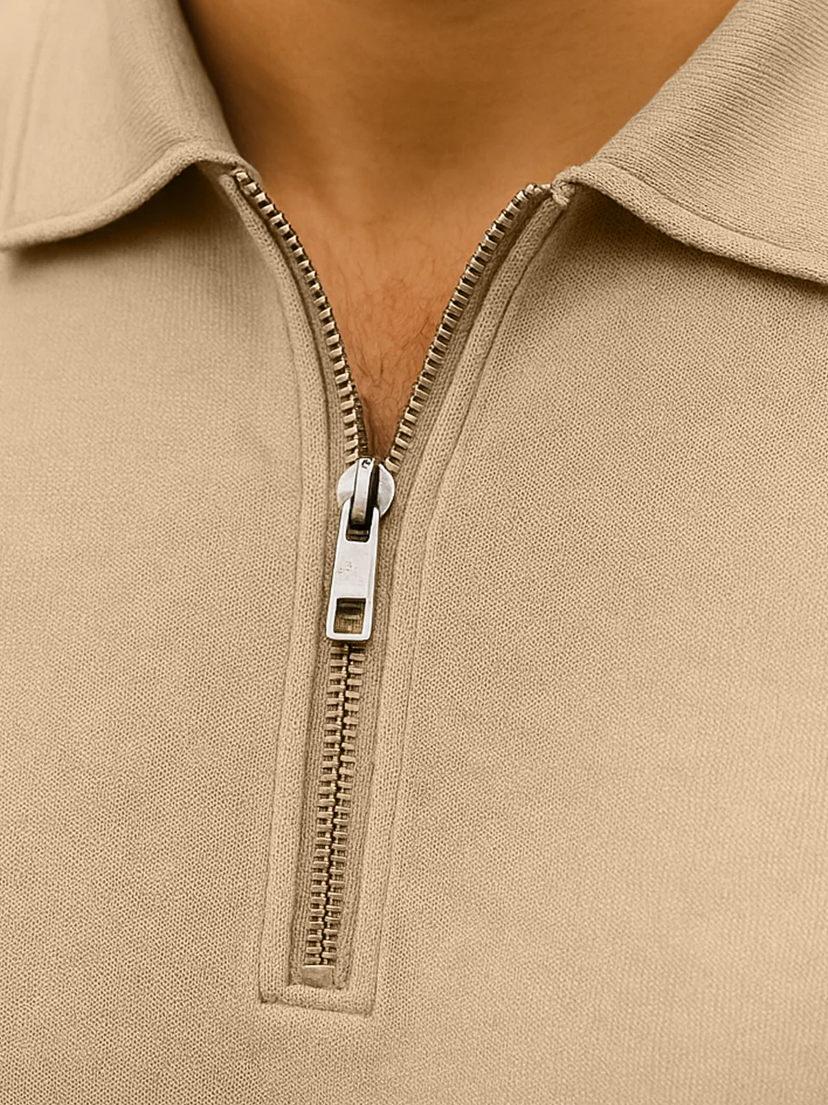 Beige Pique Plain Regular Fit Zipper Polo T-shirt - Image 4