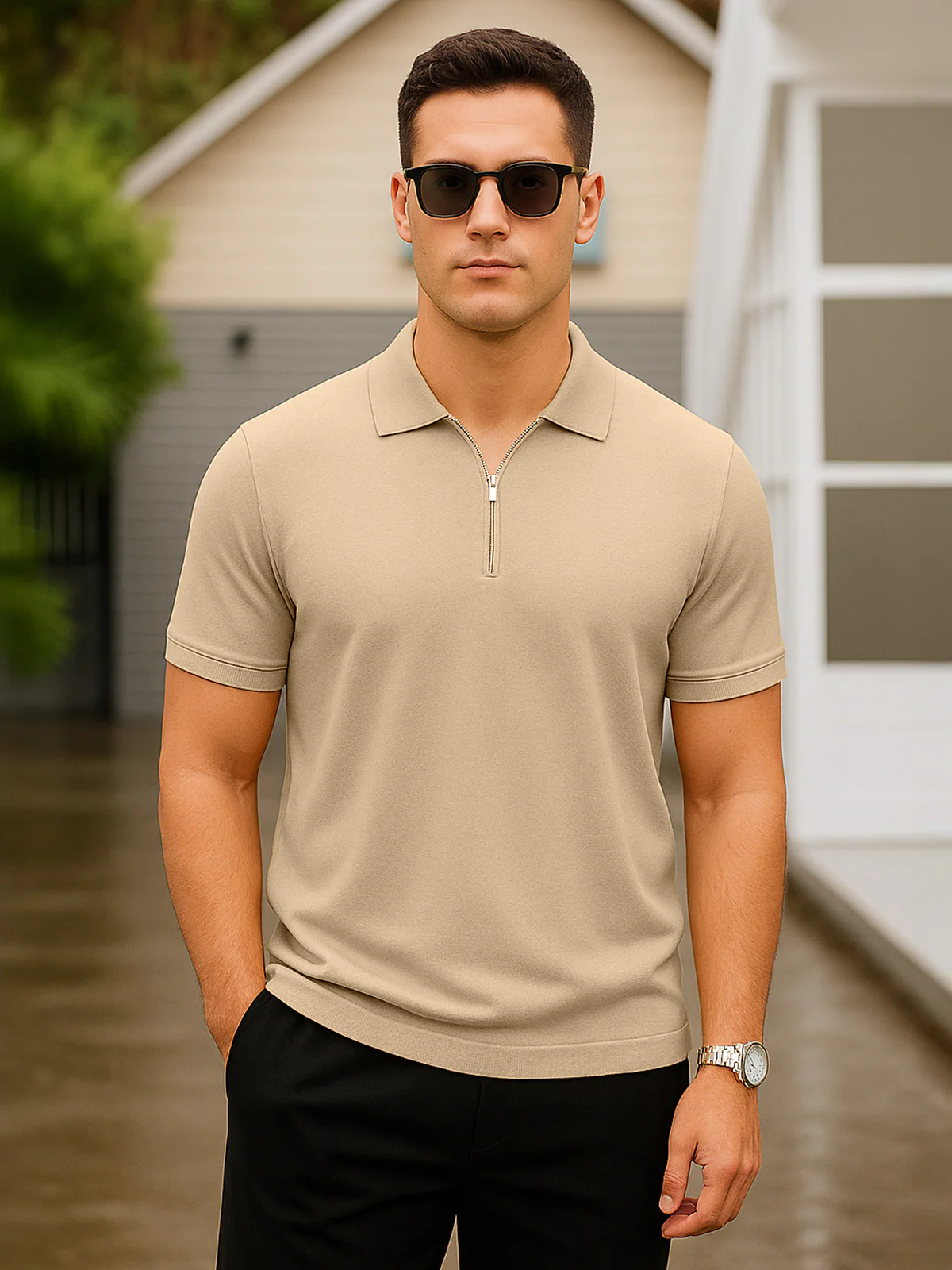 Beige Pique Plain Regular Fit Zipper Polo T-shirt - Image 5