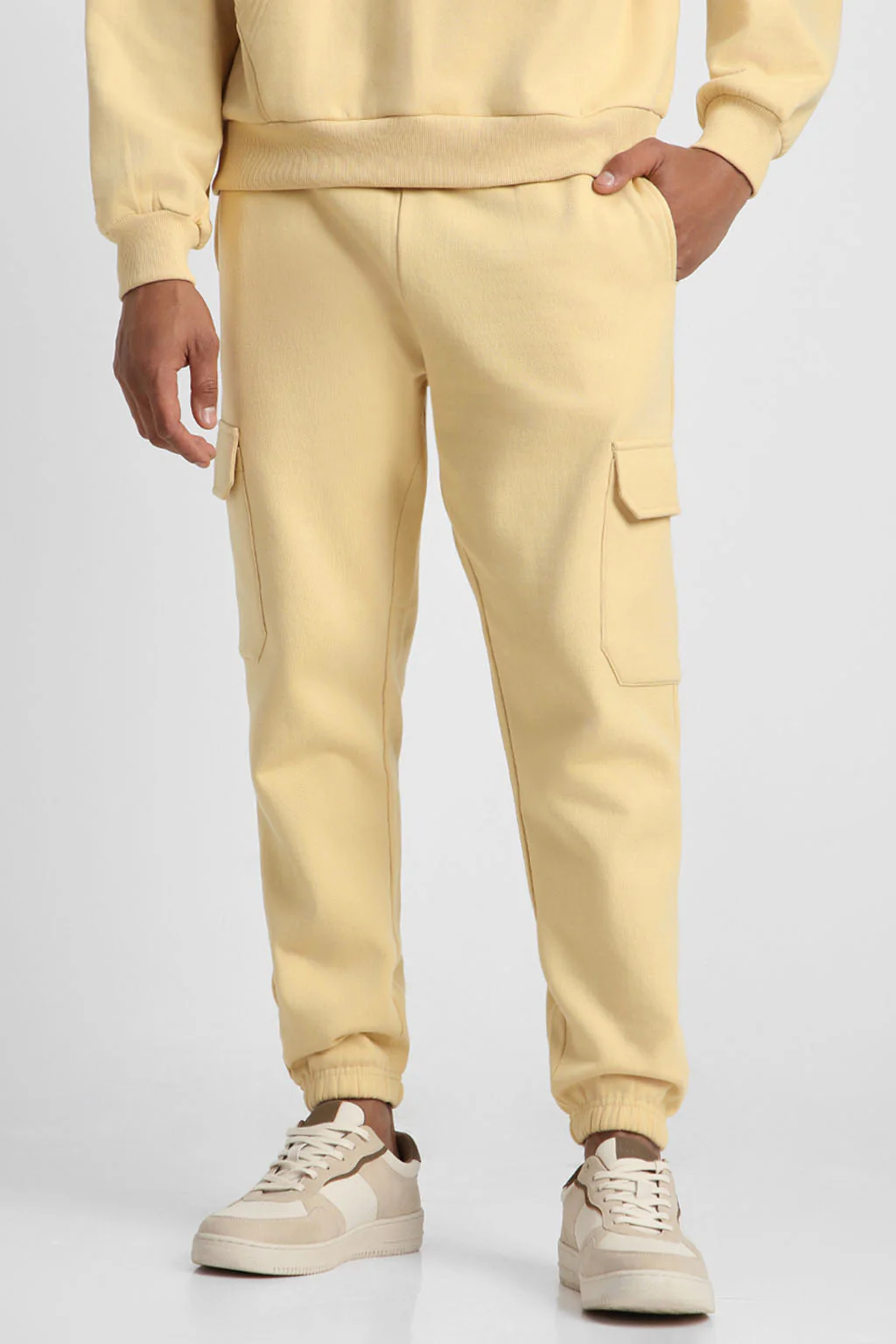 Beige Plain Men's Winter Co-ord Set With Hoodie - Image 4