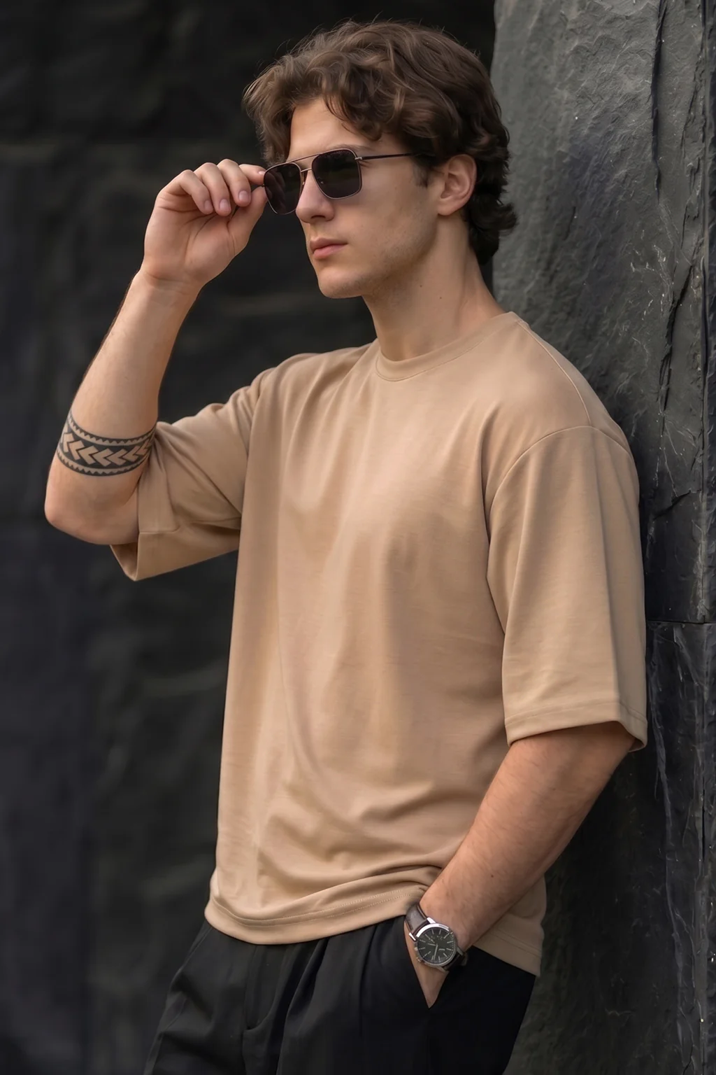 Beige Plain Oversized T-shirt - Image 3