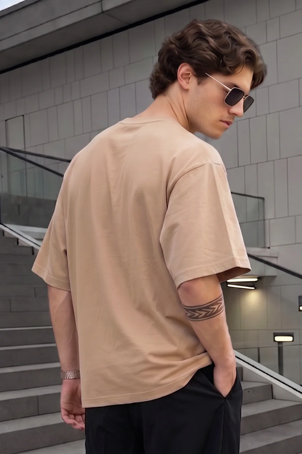 Beige Plain Oversized T-shirt - Image 4