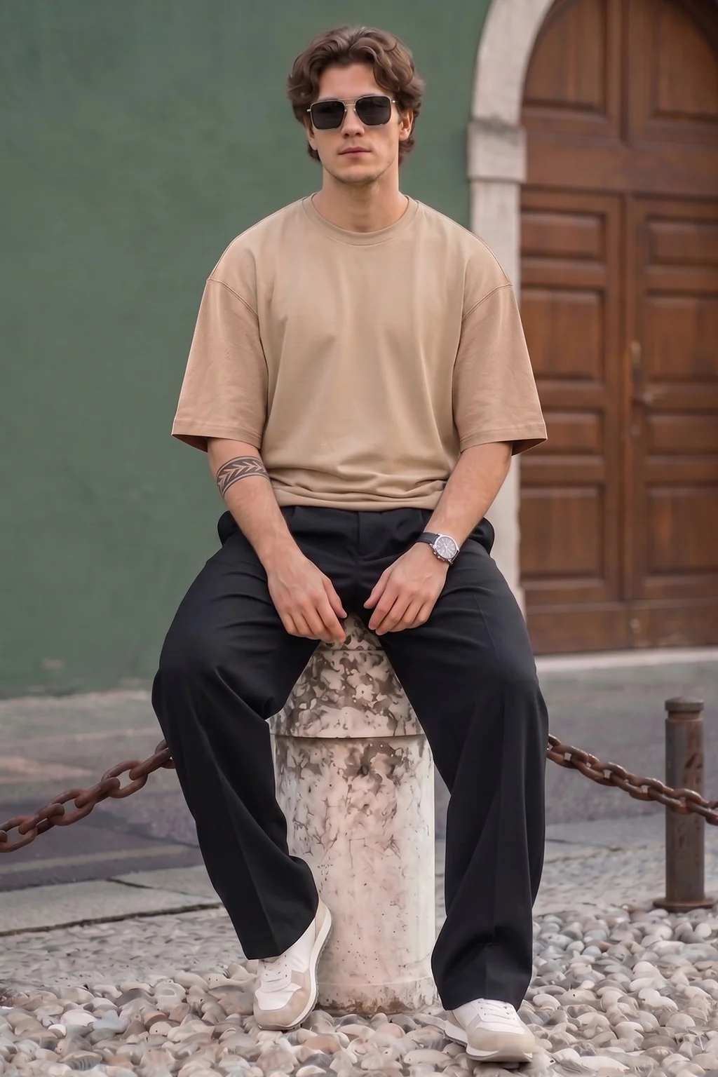 Beige Plain Oversized T-shirt - Image 5
