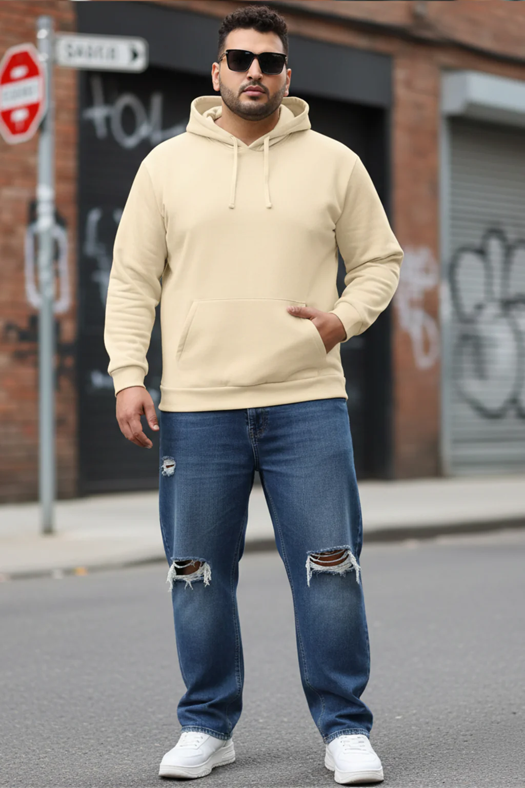 Beige Plain Plus Size Hoodie - Image 4