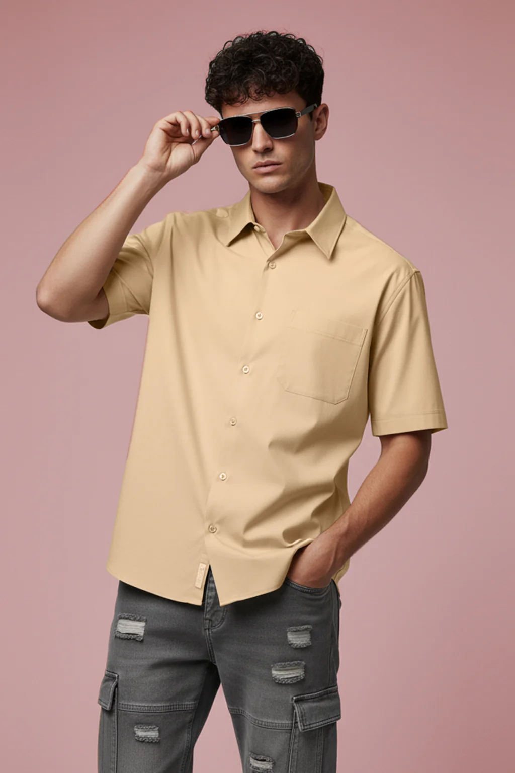 Beige Plain Regular Fit Half Sleeve Single Pocket Exclusive Shirt