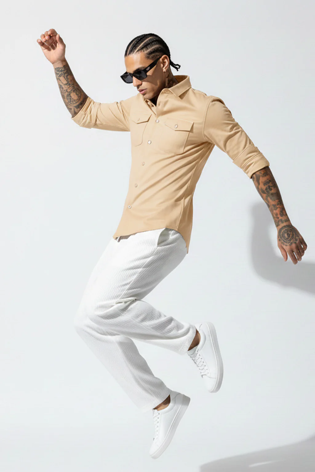 Beige Plain Relaxed Fit Full Sleeve Dual Pocket Utility Exclusive Shirt