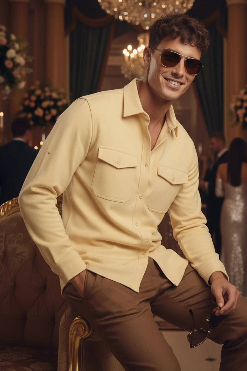 Beige Plain Relaxed Fit Full Sleeve Dual Pocket Utility Exclusive Shirt - Image 5
