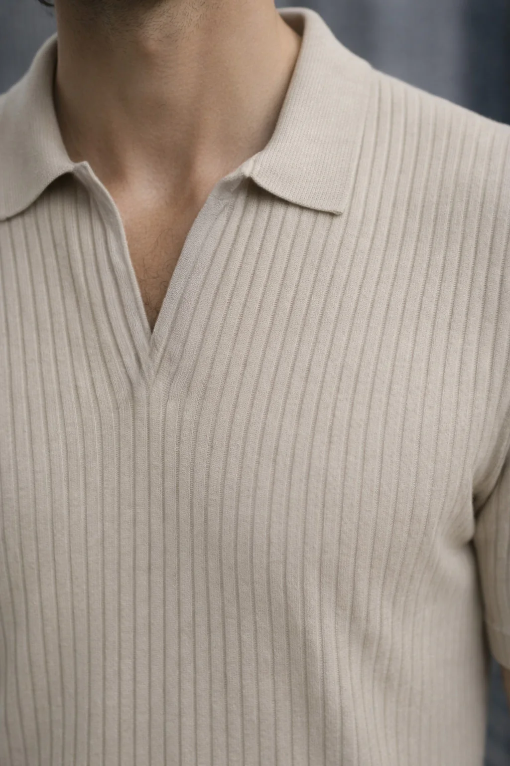 Beige Ribknit Ribbed Plain Regular Fit Polo T-shirt - Image 2