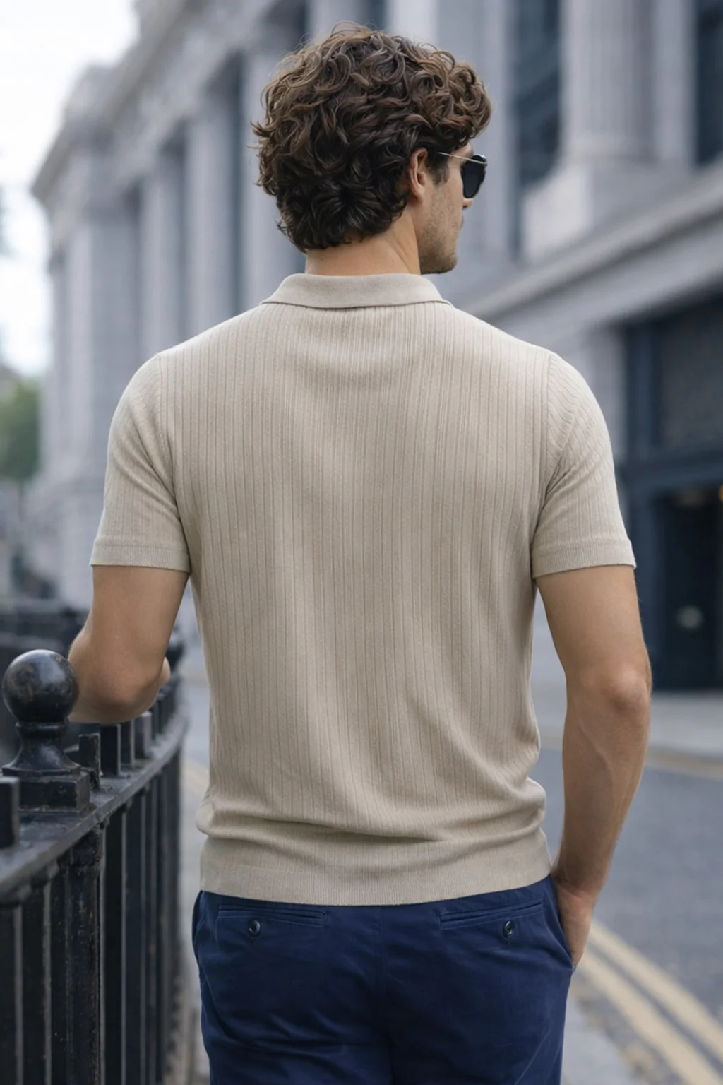 Beige Ribknit Ribbed Plain Regular Fit Polo T-shirt - Image 3