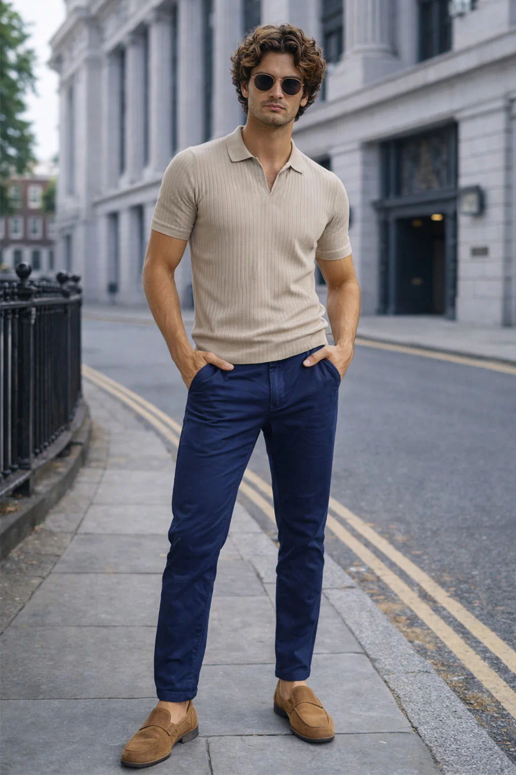 Beige Ribknit Ribbed Plain Regular Fit Polo T-shirt - Image 5