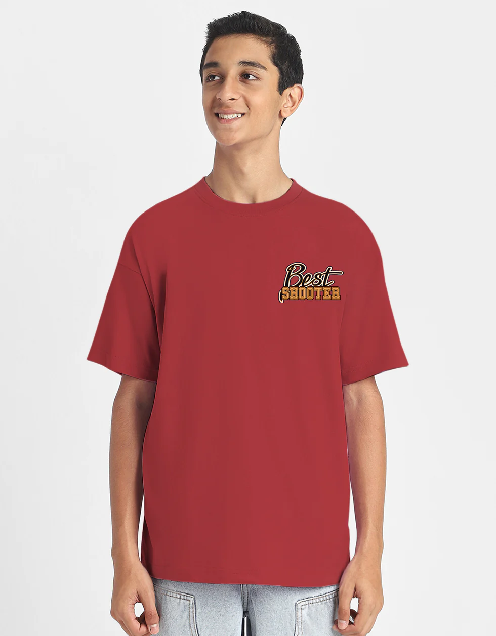 Best Shooter Red Oversized Graphic Printed Boys T-shirt - Image 3