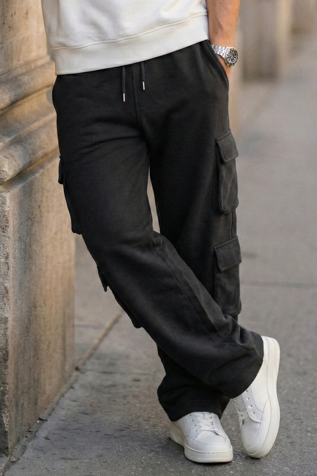 Black 6 Pocket Baggy Fit Exclusive Knitted Cargo Pant - Image 4