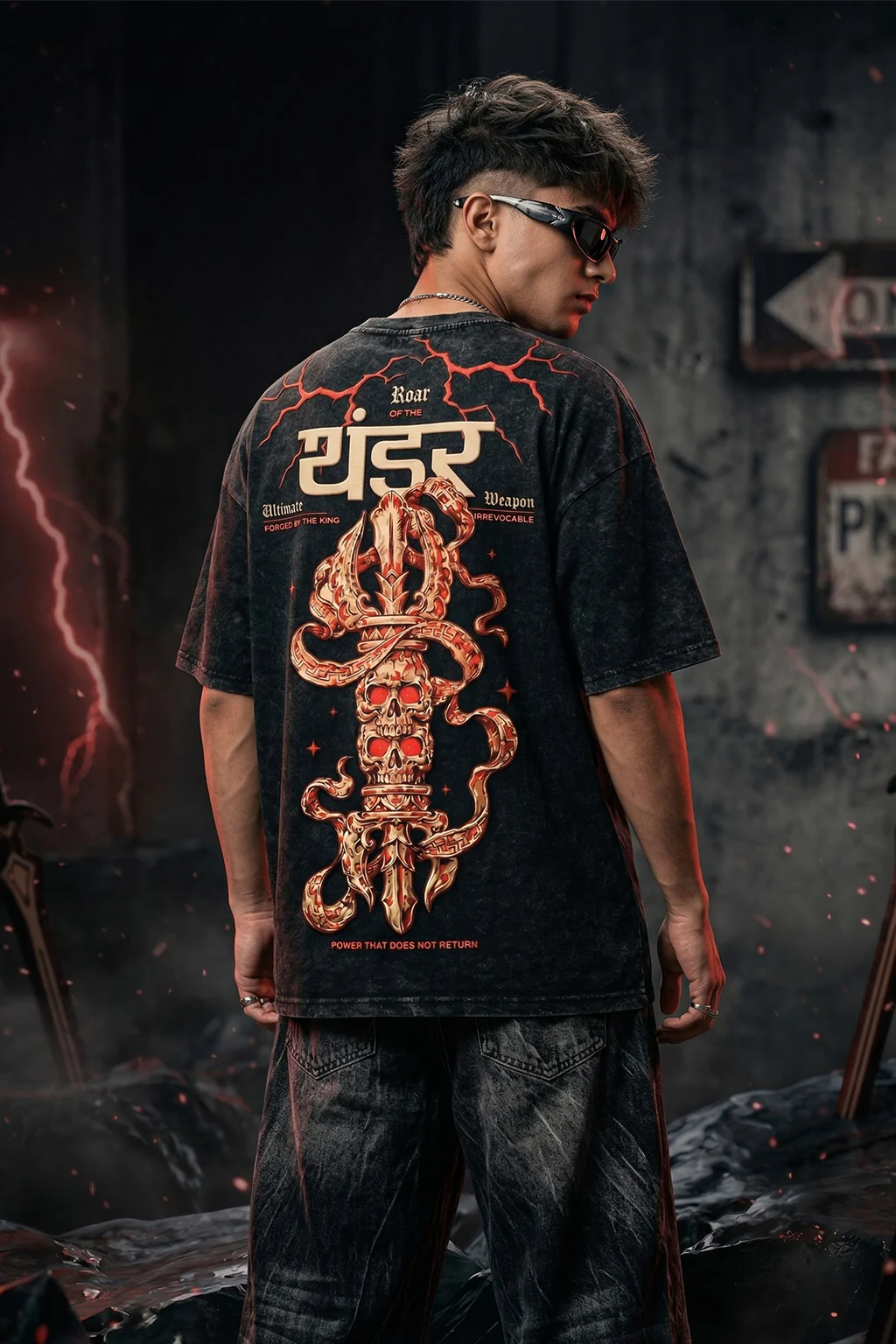 थंडर Black Acid Washed Puff Printed Exclusive T-shirt Epic Collection - Image 8