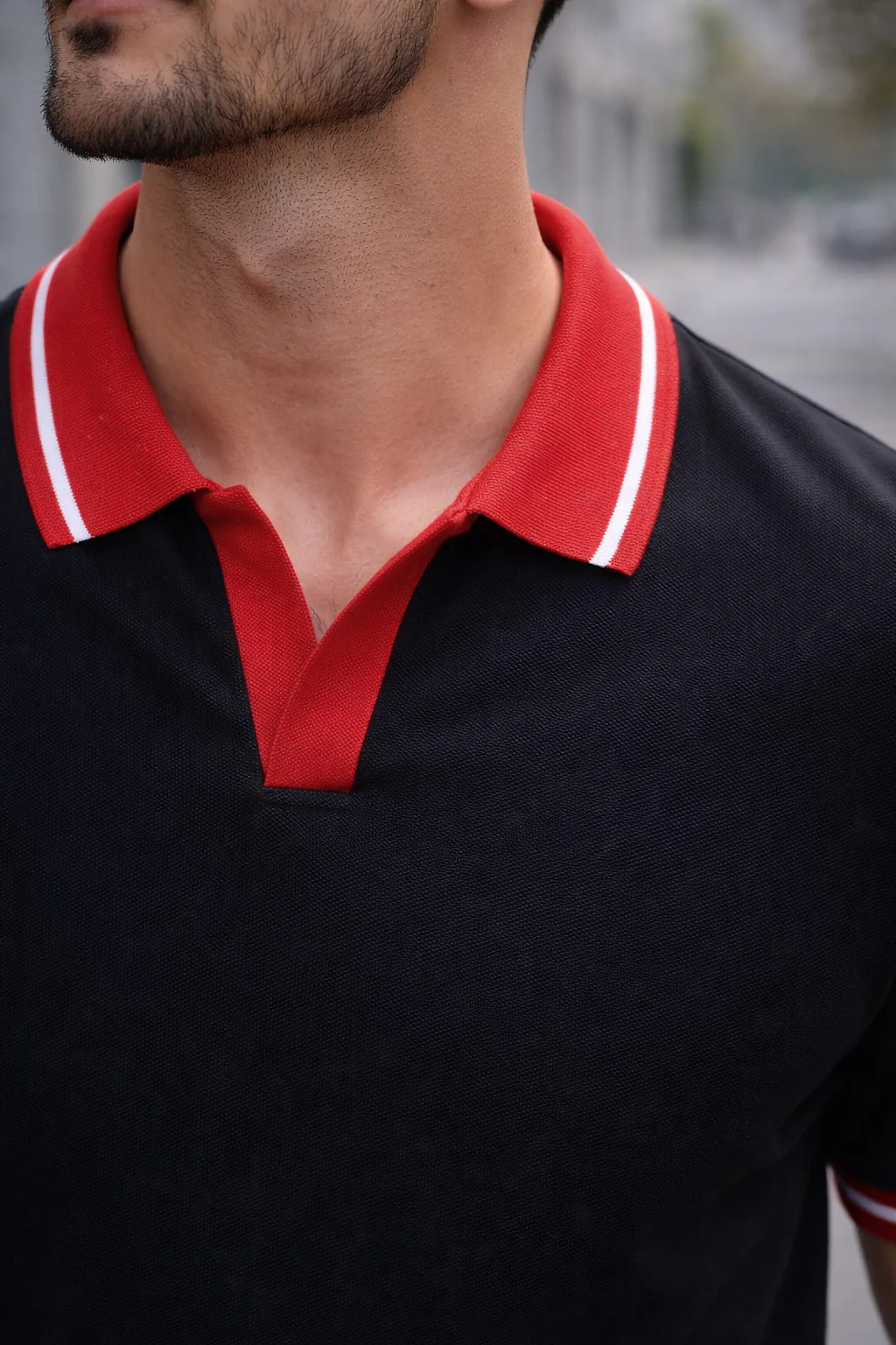 Black Contrast Stripped Rib Collar Economic Regular Fit Pique Polo - Image 2
