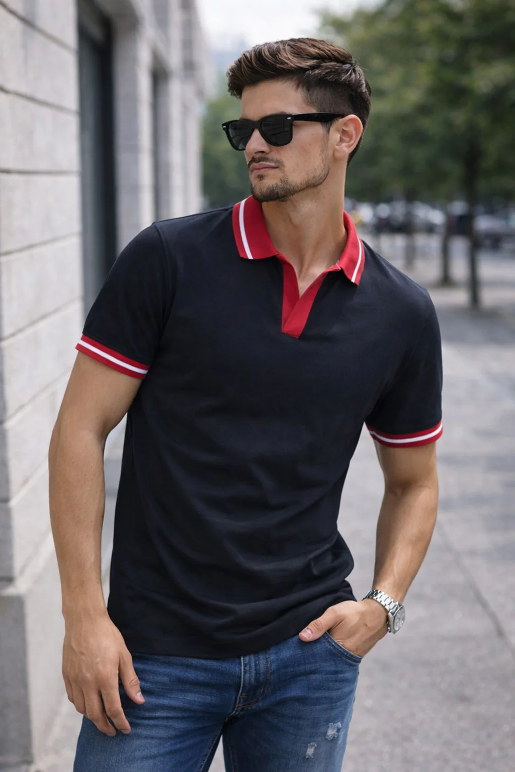 Black Contrast Stripped Rib Collar Economic Regular Fit Pique Polo - Image 3