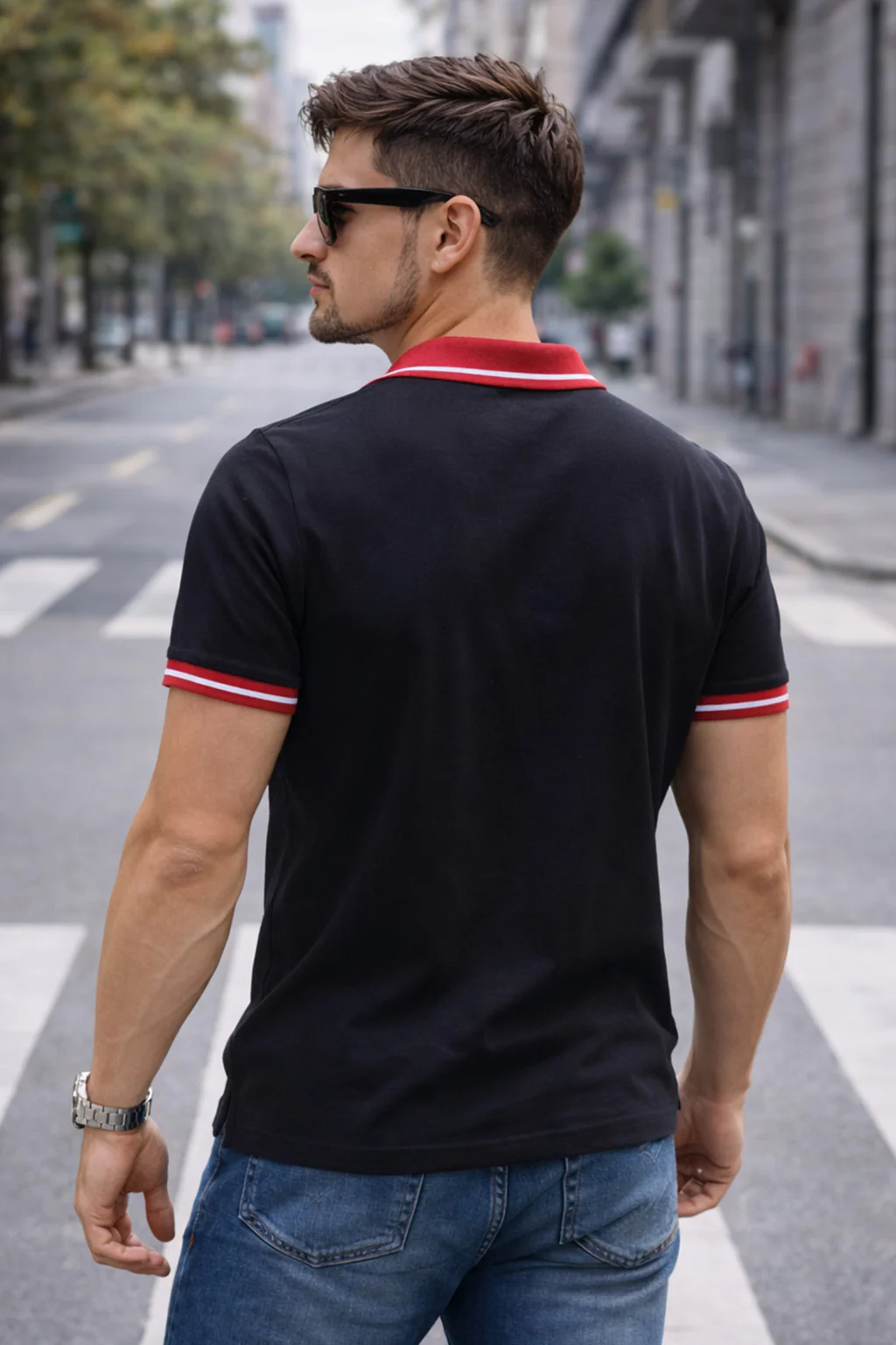 Black Contrast Stripped Rib Collar Economic Regular Fit Pique Polo - Image 4