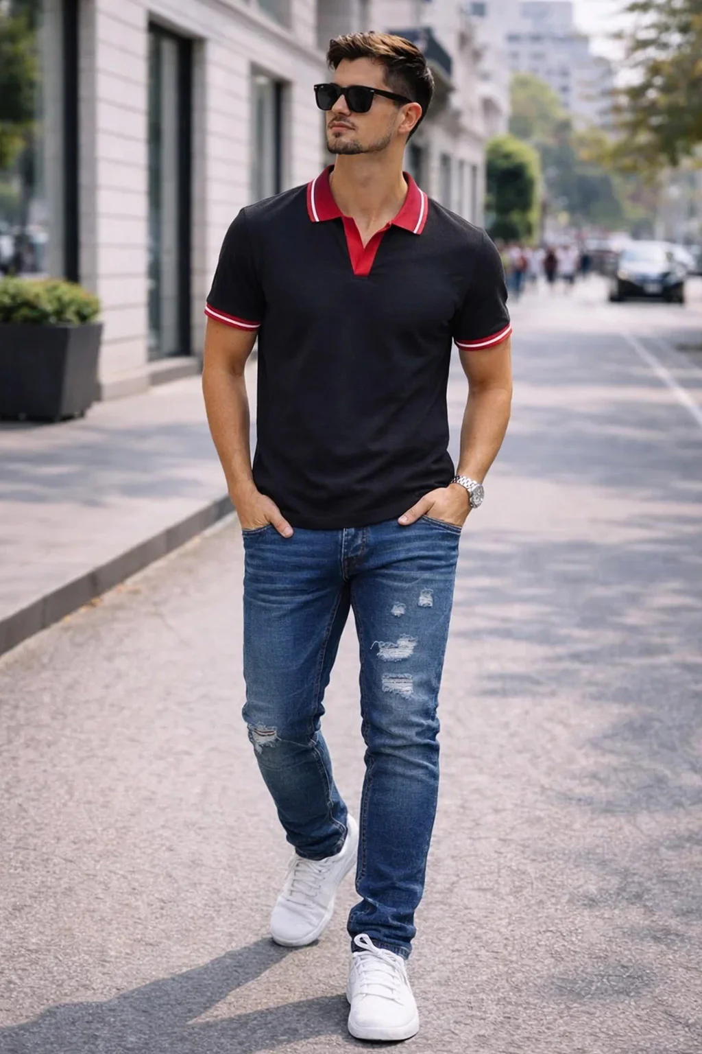 Black Contrast Stripped Rib Collar Economic Regular Fit Pique Polo - Image 5