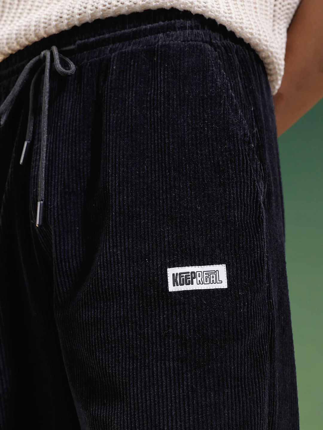 Black Lining Pattern Plain Corduroy Pants - Image 2