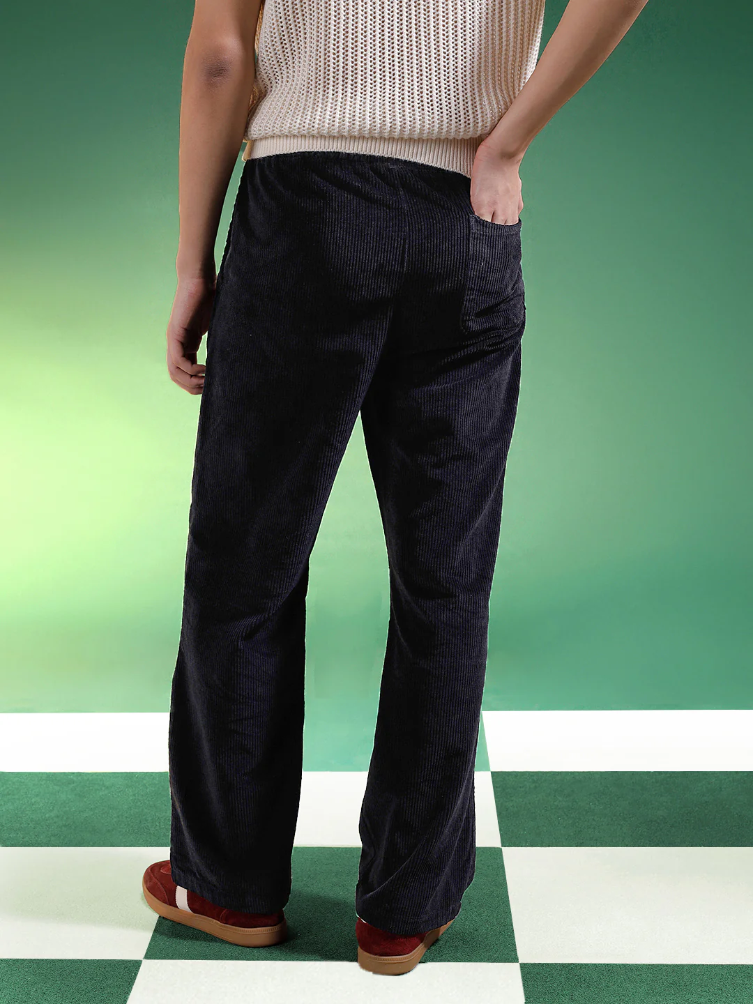 Black Lining Pattern Plain Corduroy Pants - Image 3
