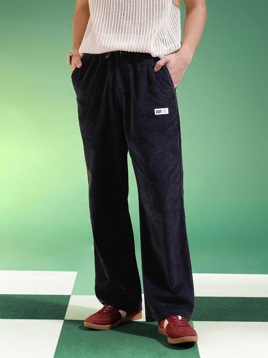 Black Lining Pattern Plain Corduroy Pants - Image 5