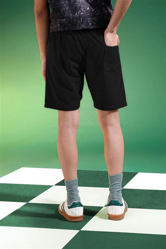 Black Lining Pattern Plain Corduroy Shorts - Image 5