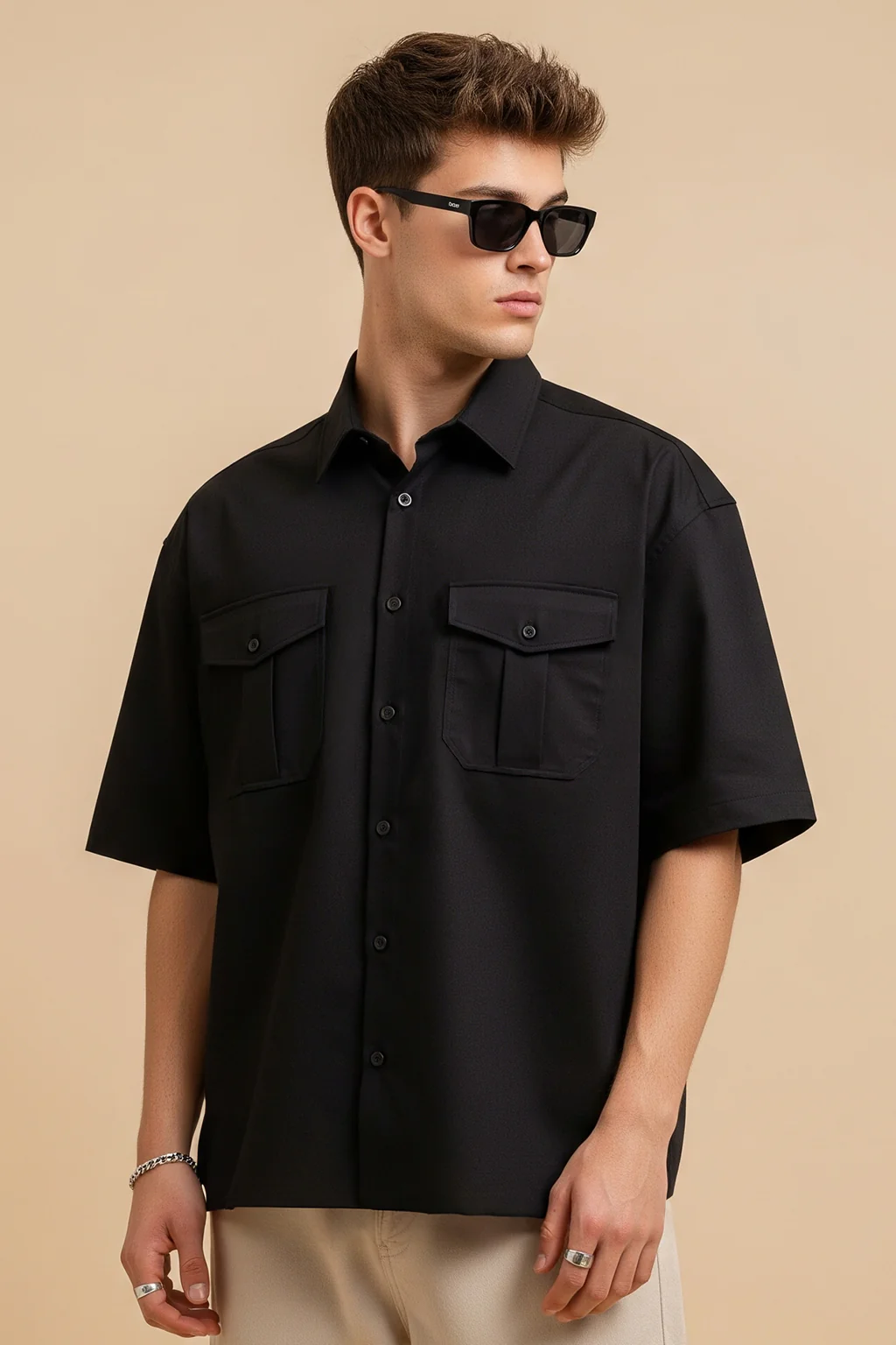 Black Oversized Half Sleeve Dual Pocket Utility Exclusive Shirt - Image 4