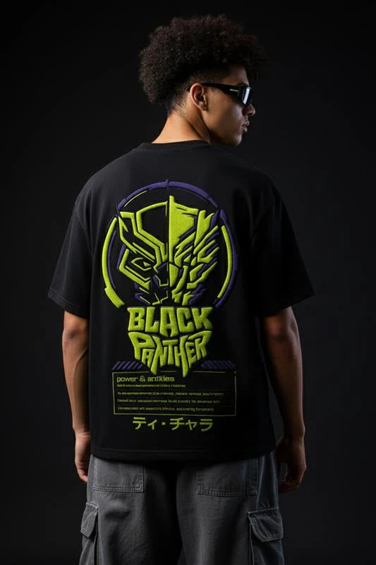 Black Panther Marvel Black Oversized Puff Printed Exclusive T-shirt - Image 3