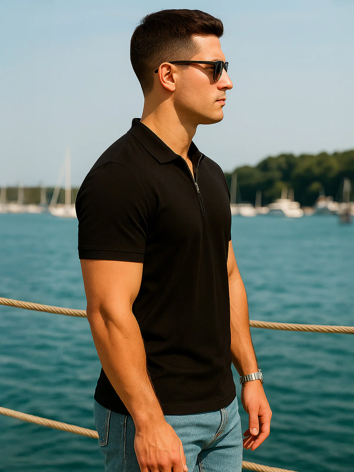 Black Pique Plain Regular Fit Zipper Polo T-shirt - Image 2