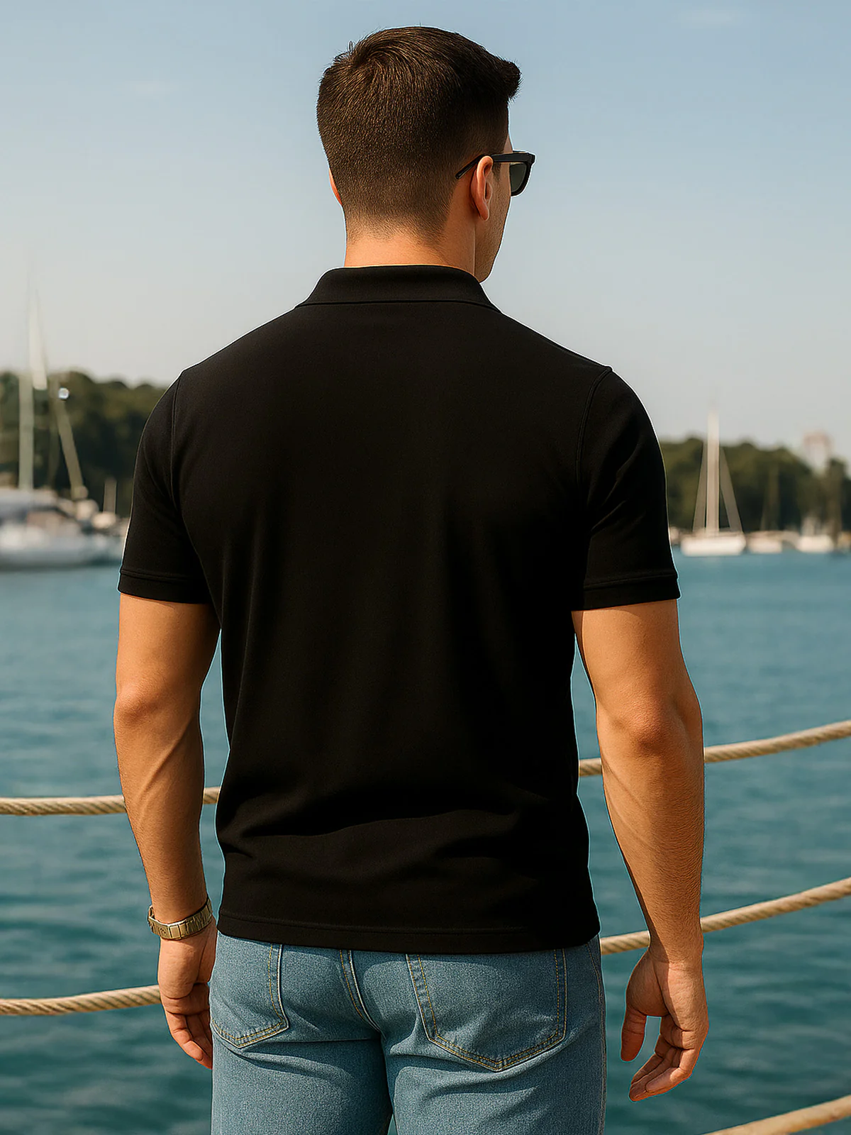 Black Pique Plain Regular Fit Zipper Polo T-shirt - Image 3
