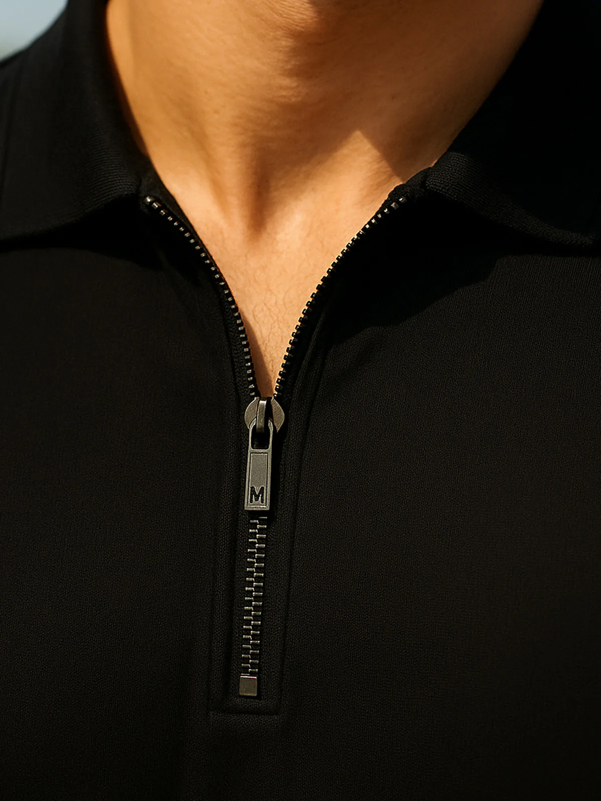 Black Pique Plain Regular Fit Zipper Polo T-shirt - Image 5