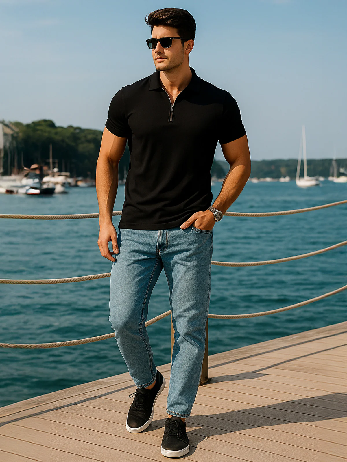 Black Pique Plain Regular Fit Zipper Polo T-shirt - Image 6