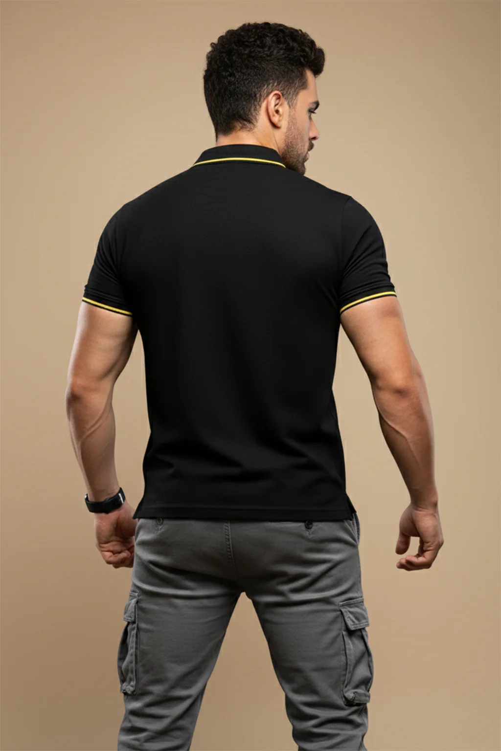 Black Pique Stripe Collar Regular Fit Tipping Polo T-shirt - Image 2