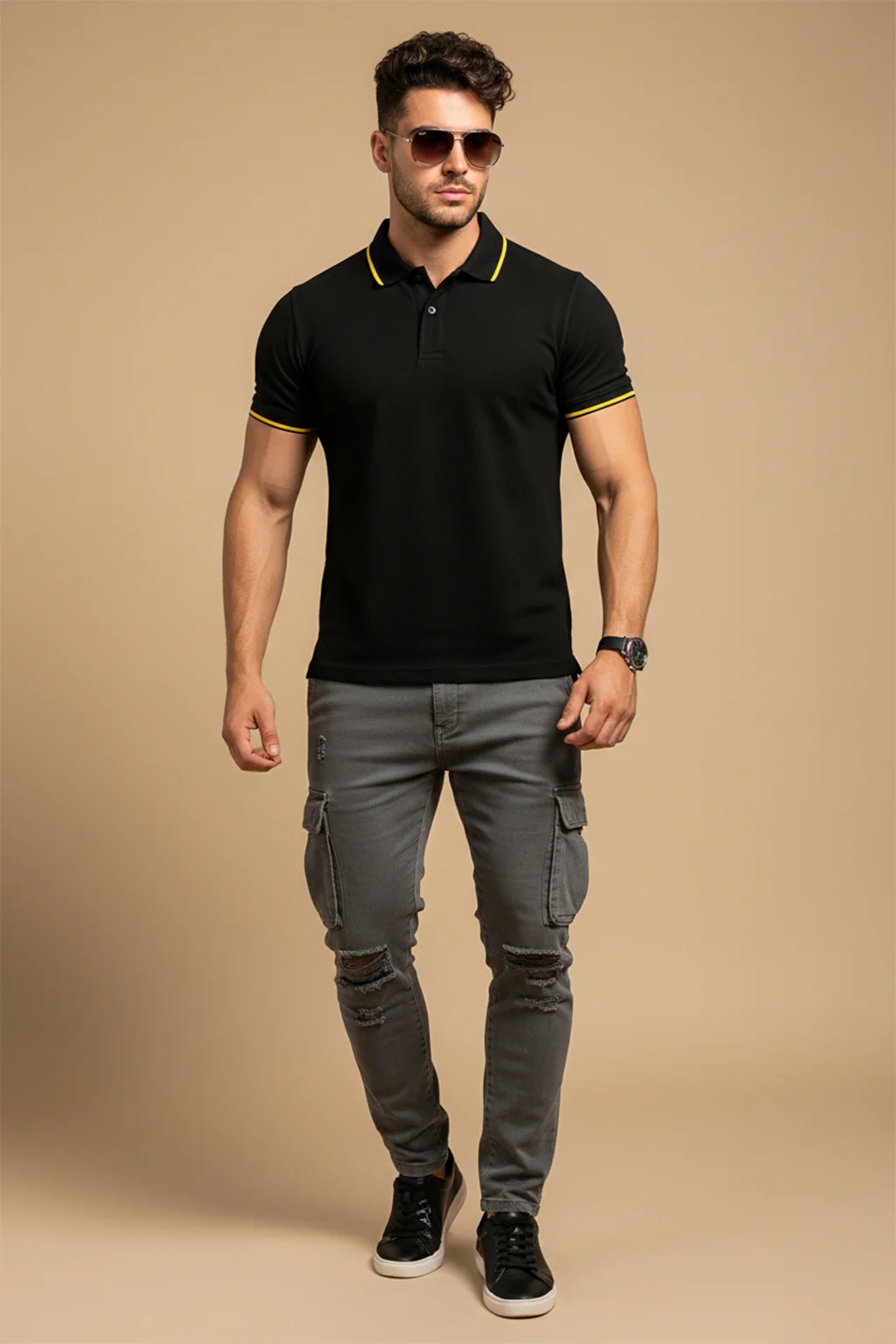 Black Pique Stripe Collar Regular Fit Tipping Polo T-shirt - Image 3