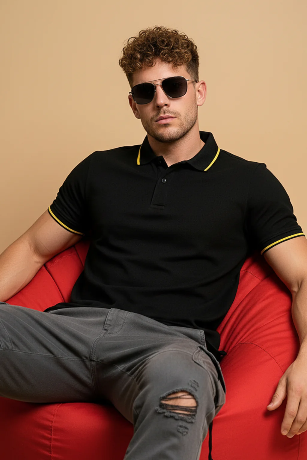 Black Pique Stripe Collar Regular Fit Tipping Polo T-shirt - Image 4