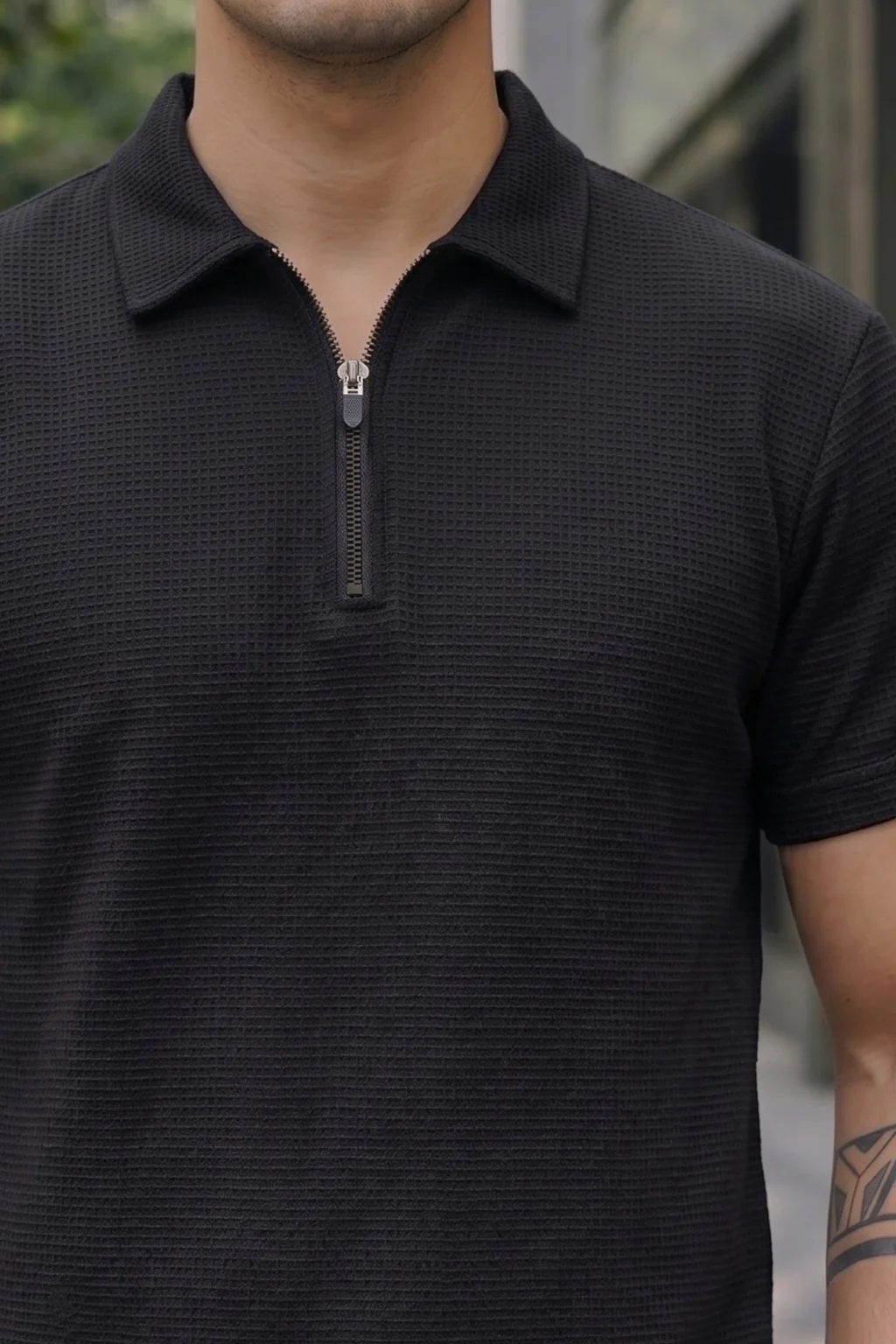 Black Plain Fortec Exclusive Zipper Polo T-Shirt - Image 2