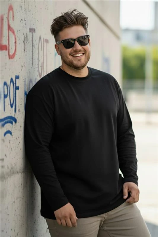 Black Plain Full Sleeve Plus Size T-shirt