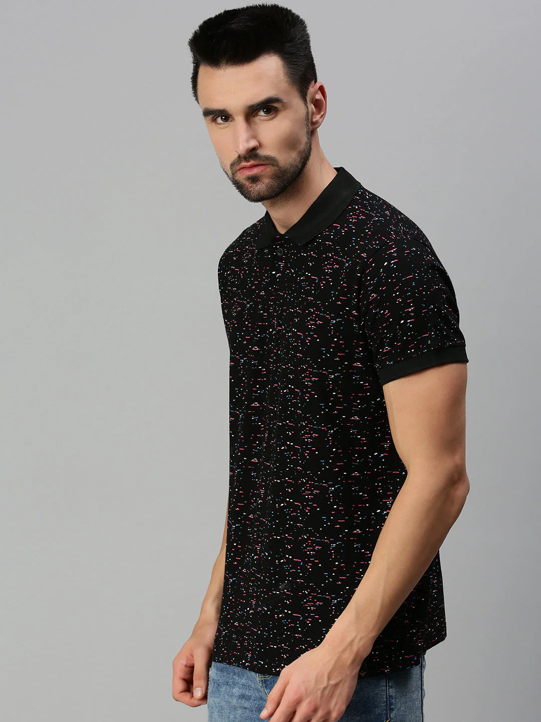 Black Printed Regular Fit Polo T-shirt - Image 2
