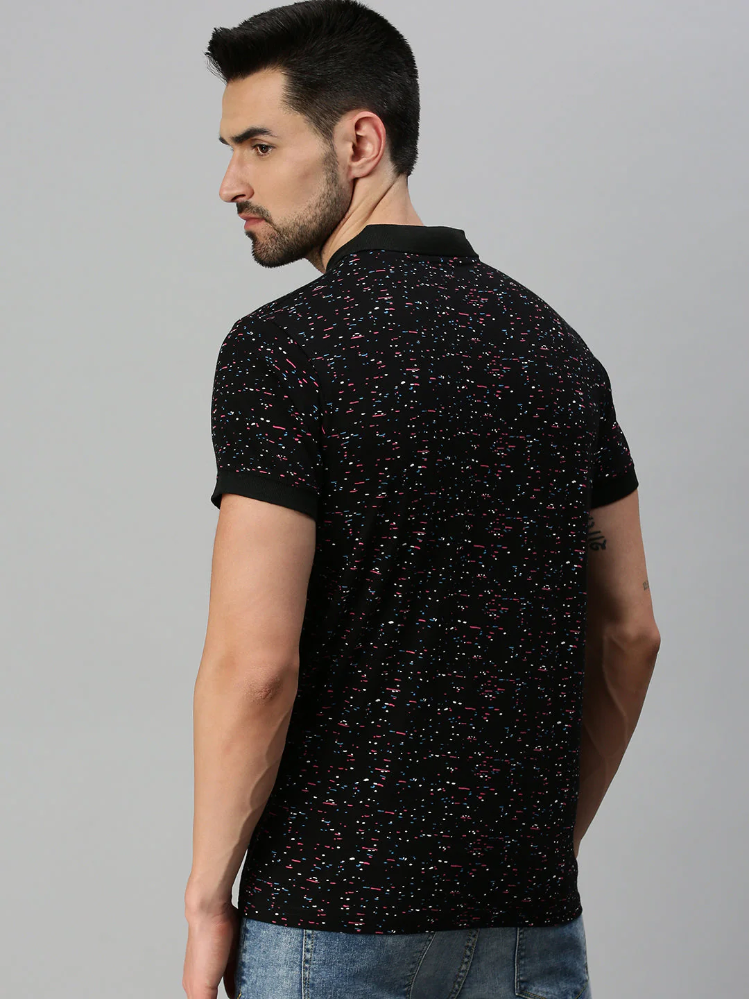 Black Printed Regular Fit Polo T-shirt - Image 3