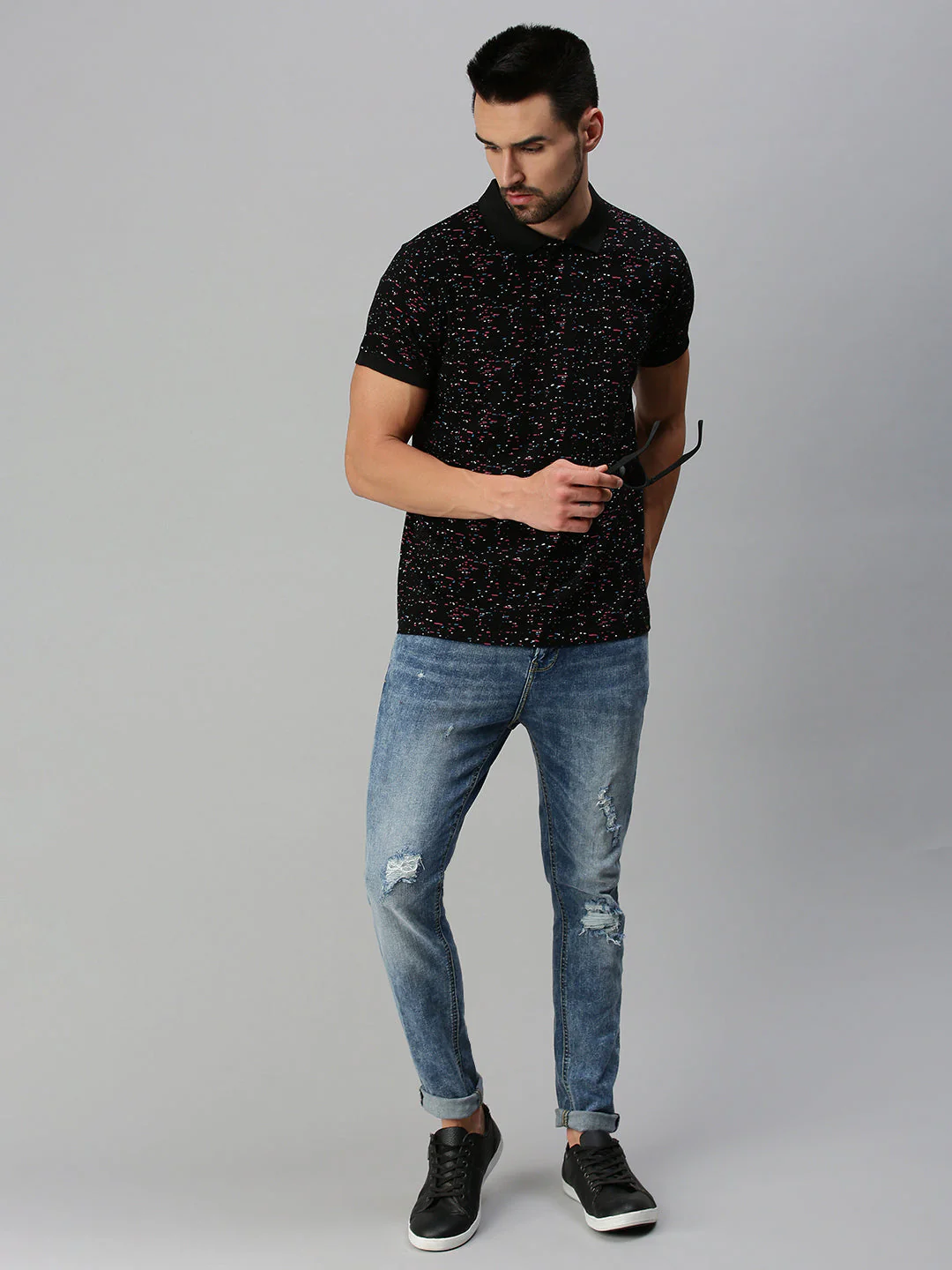 Black Printed Regular Fit Polo T-shirt - Image 4