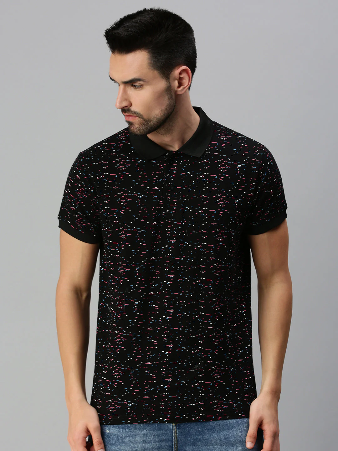 Black Printed Regular Fit Polo T-shirt - Image 6