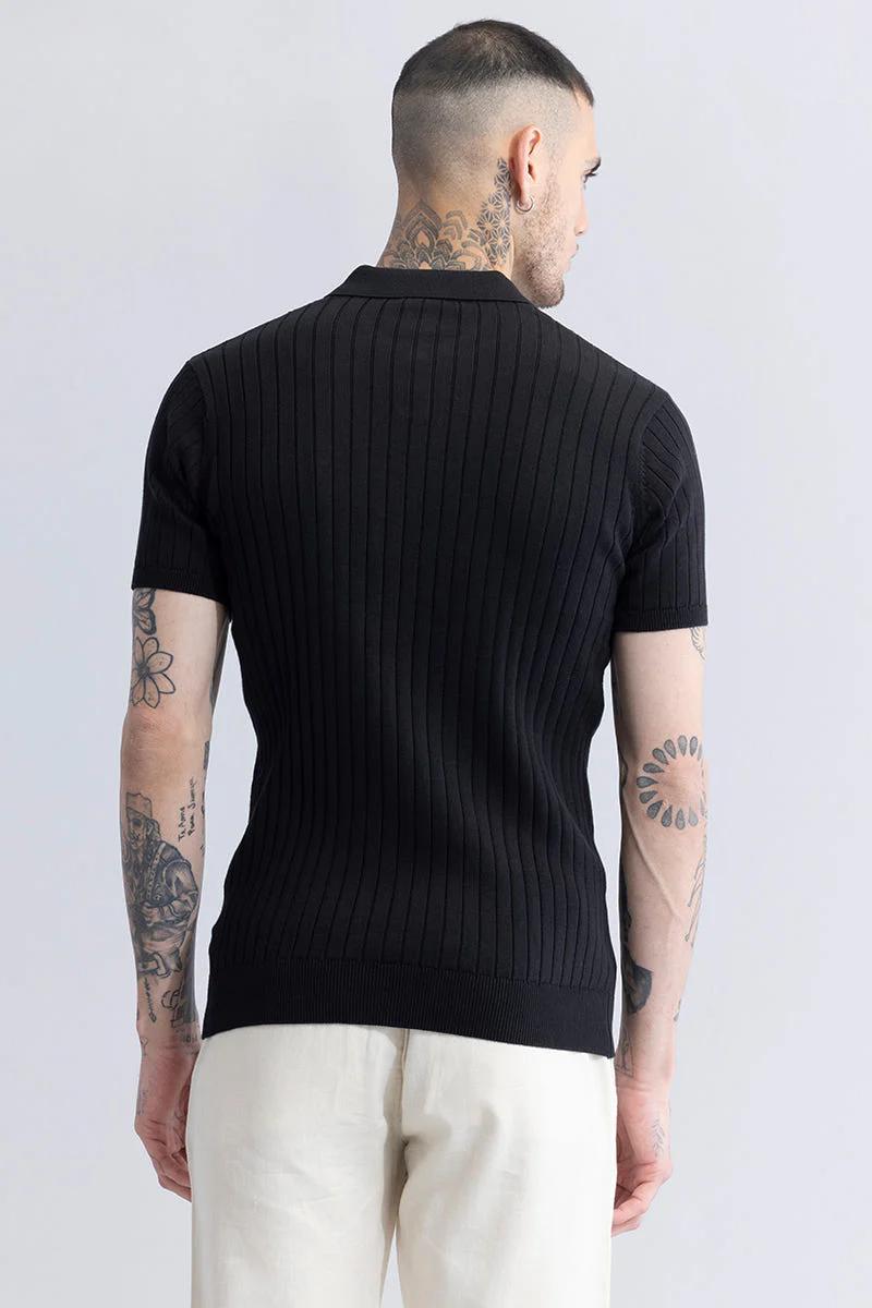 Black Ribbed Flatknit Textured Regular Fit Exclusive Polo T-Shirt - Image 3