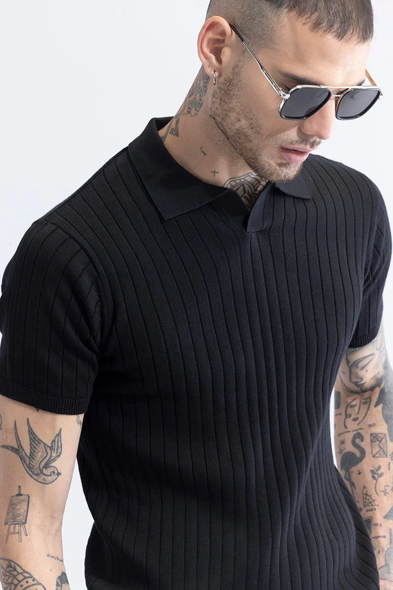 Black Ribbed Flatknit Textured Regular Fit Exclusive Polo T-Shirt - Image 4