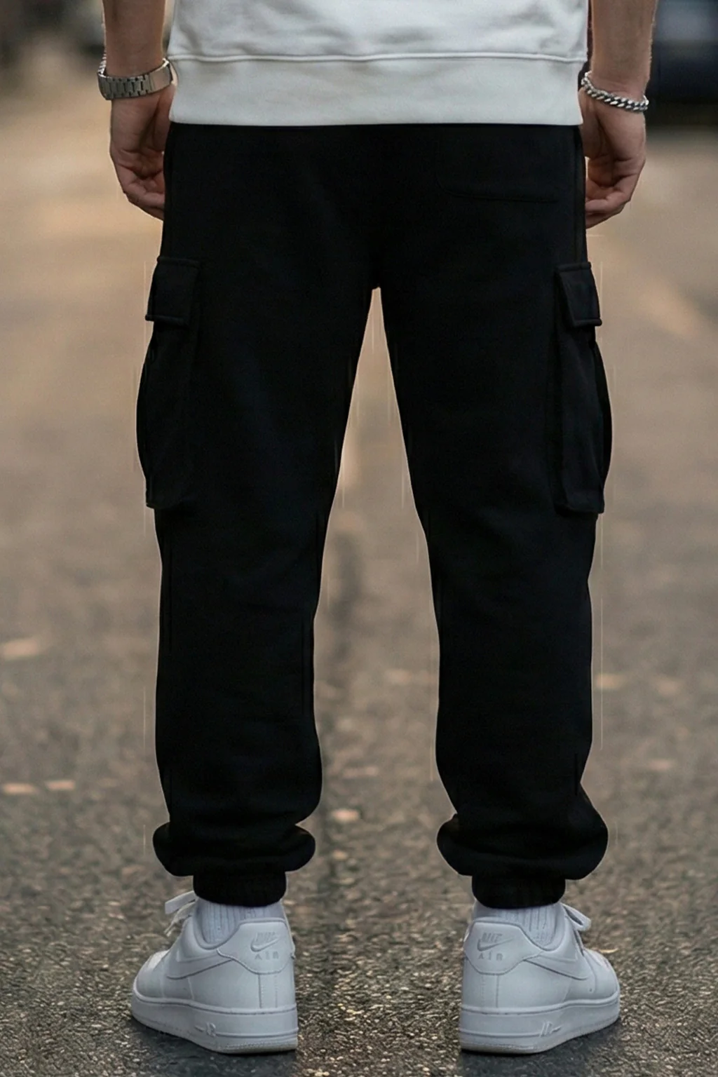 Black Solid Baggy Fit Cargo Joggers - Image 3