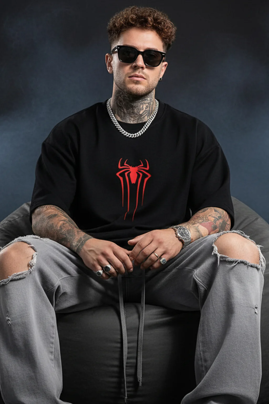 Spiderman Black Oversized Back Typographic Printed T-shirt - Image 3