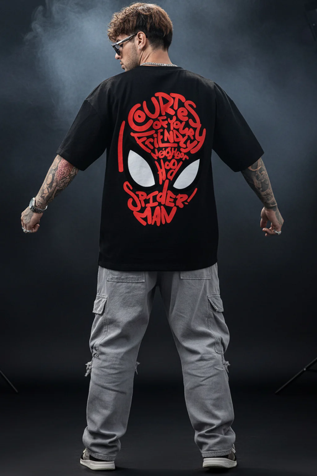 Spiderman Black Oversized Back Typographic Printed T-shirt - Image 4
